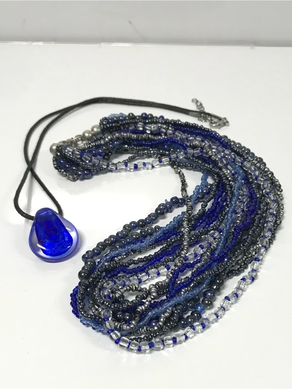 1 Multi Strand Blue Beaded Necklace & 1 Blue Glass Teardrop Pendant Necklace - Picture 4 of 7